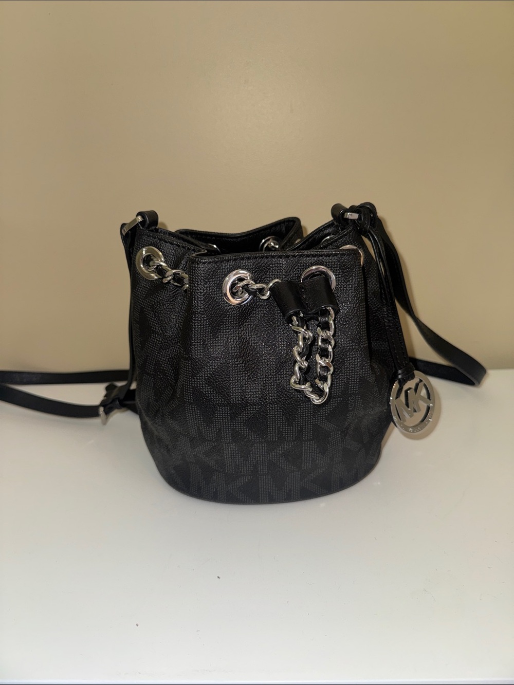 Michael Kors Navy Blue Logo Drawstring Crossbody Bucket Bag